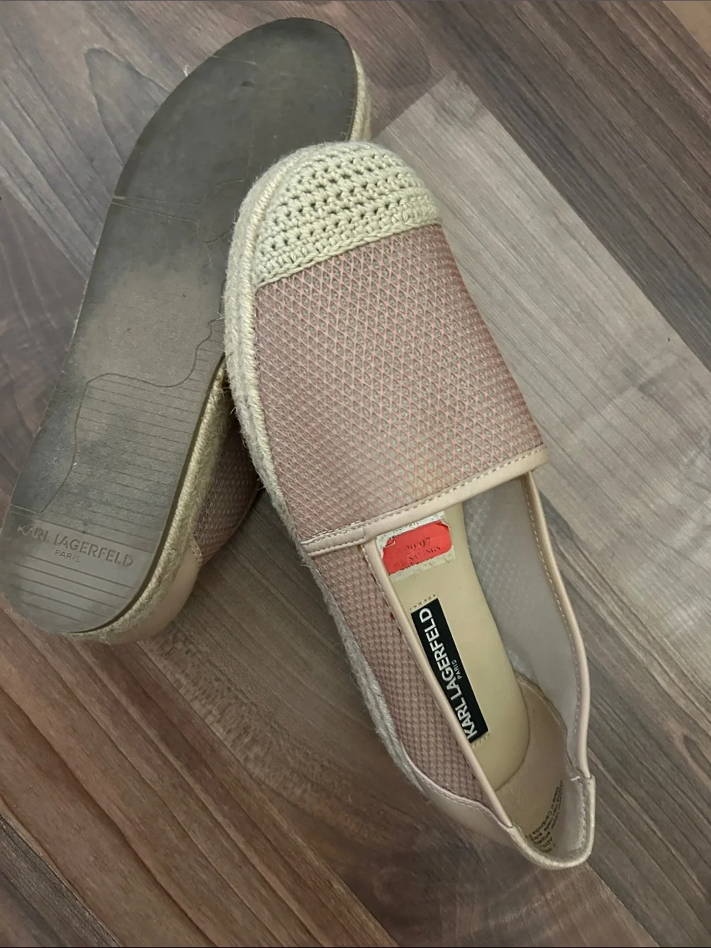 Karl Lagerfeld Blush Pink Slip-On Espadrilles with Cream Crochet Toe